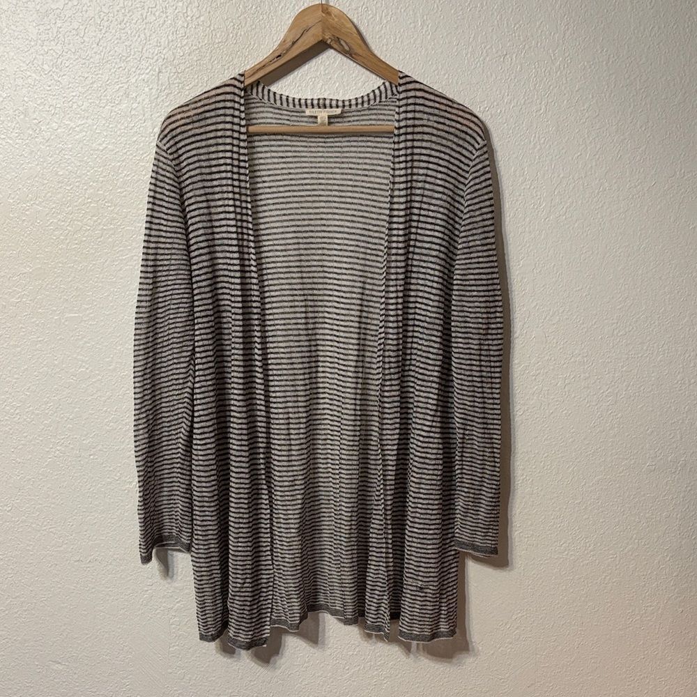 Eileen Fisher Organic Linen Striped Open Front Cardigan Medium